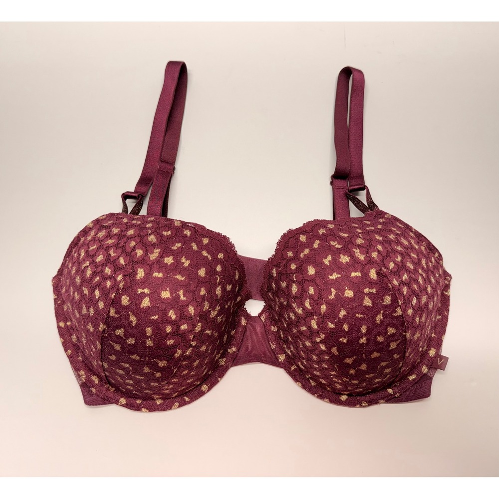 Victorias Secret Lined Demi Bra 36DD Burgundy Wine Gold Foil Leopard Lace 812800